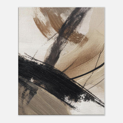 Neutral abstract canvas wall art with textured beige, taupe and black brushstrokes on a 4 cm gallery wrapped canvas.