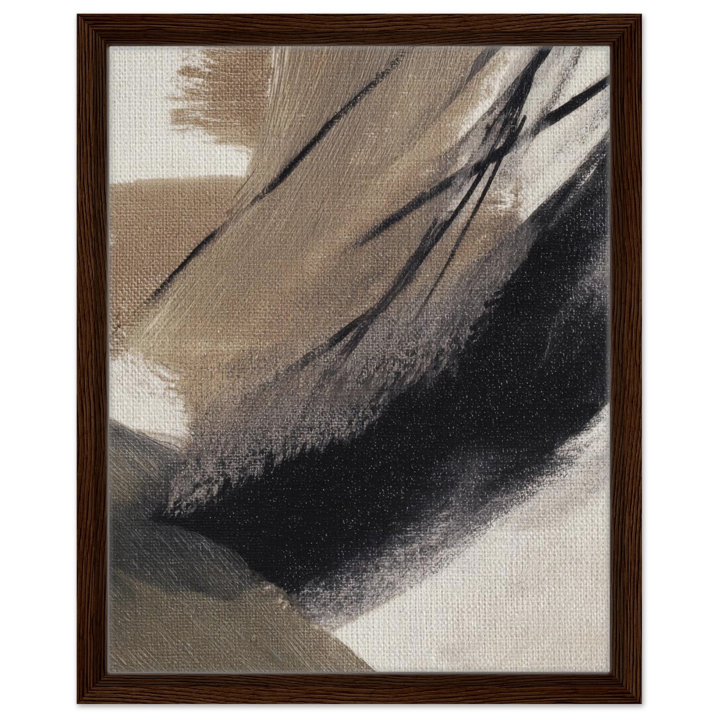 Neutral beige and black abstract canvas wall art in a walnut wood frame