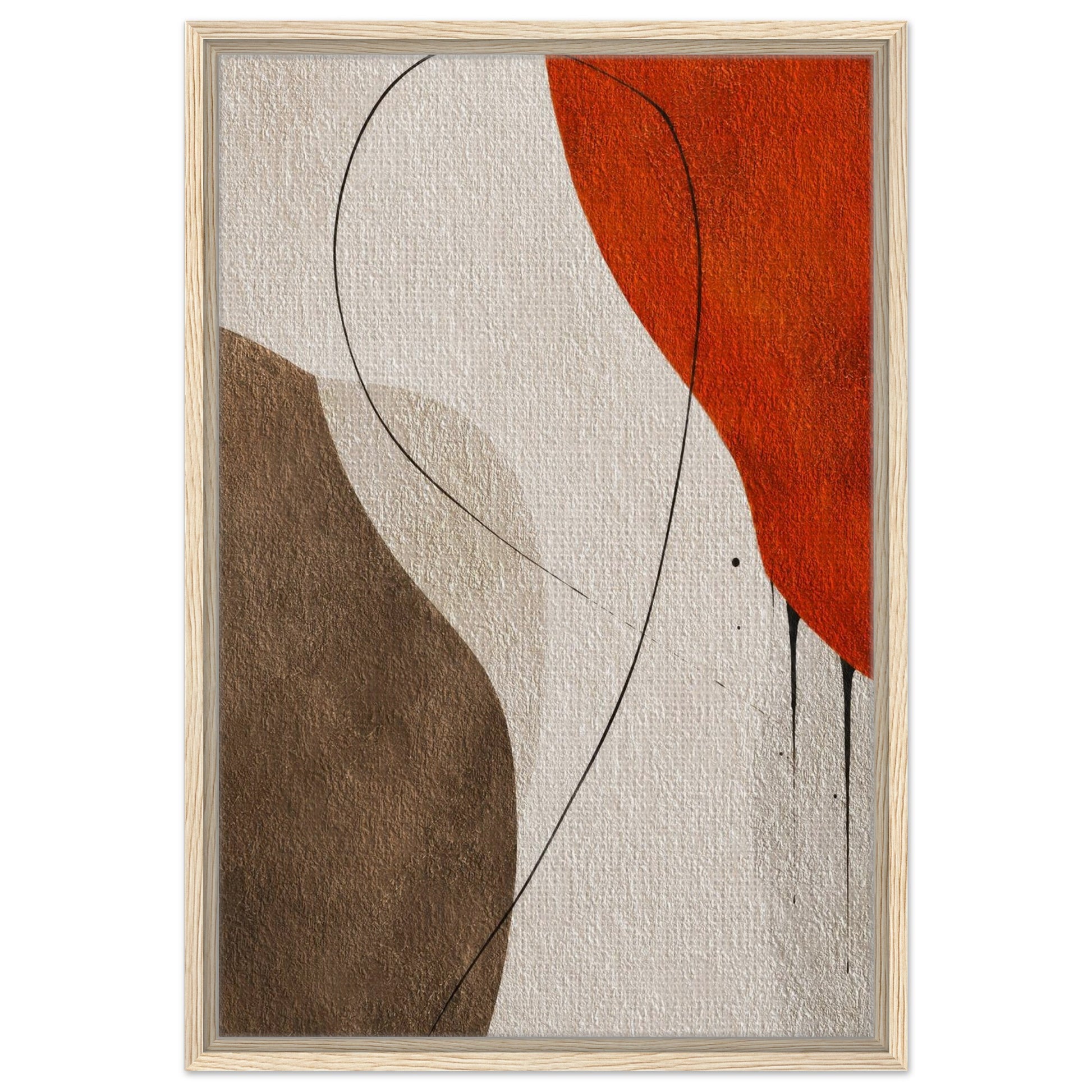 Neutral beige brown and orange abstract framed canvas with black frame