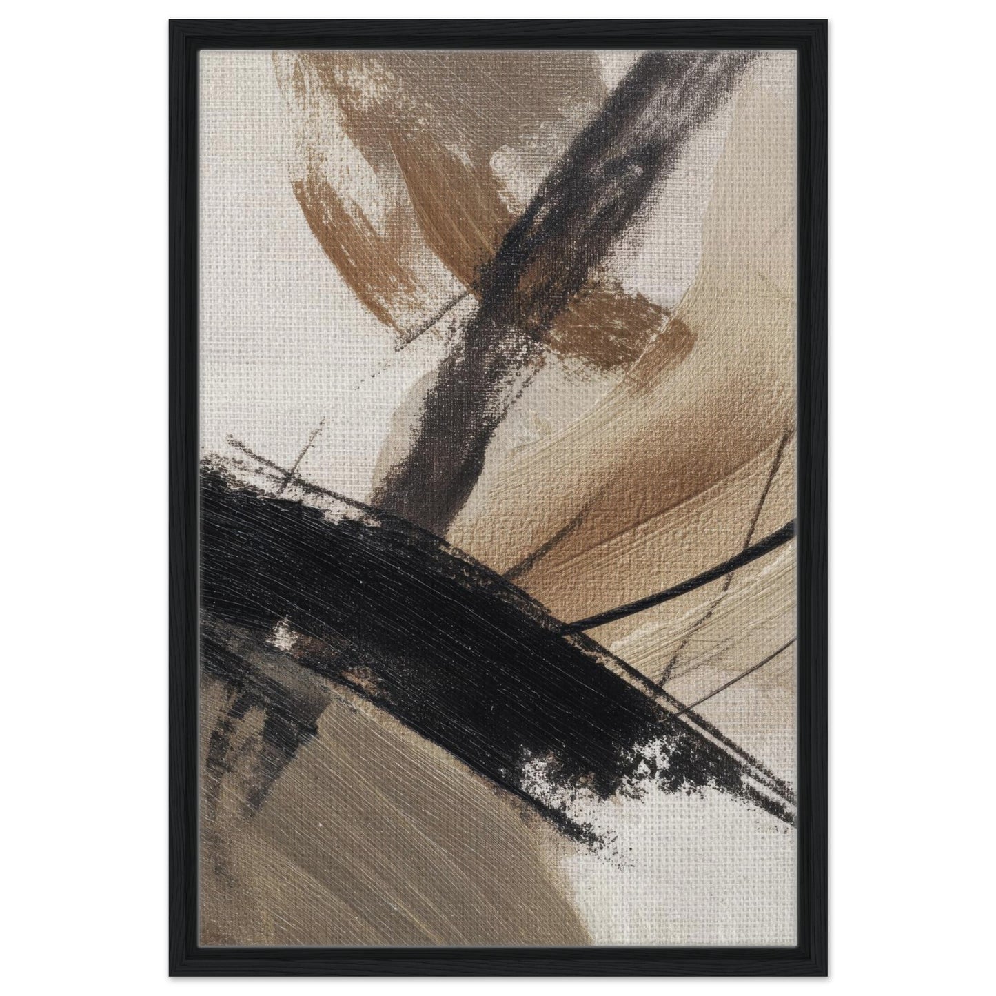 Neutral abstract framed canvas with black brushstrokes in a charcoal frame