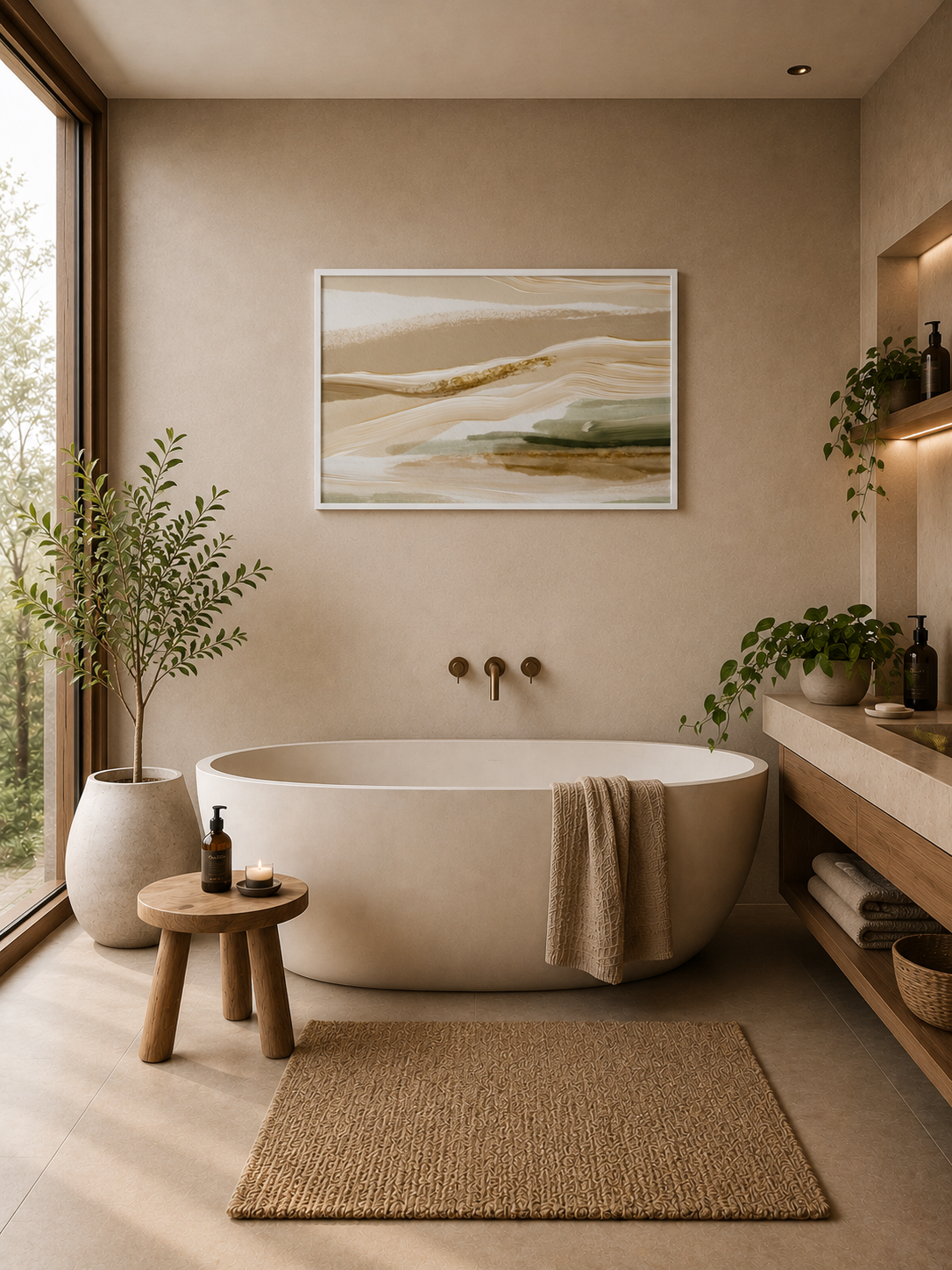 Neutral abstract landscape wall art in a white frame displayed above a freestanding bathtub in a spa-inspired bathroom.