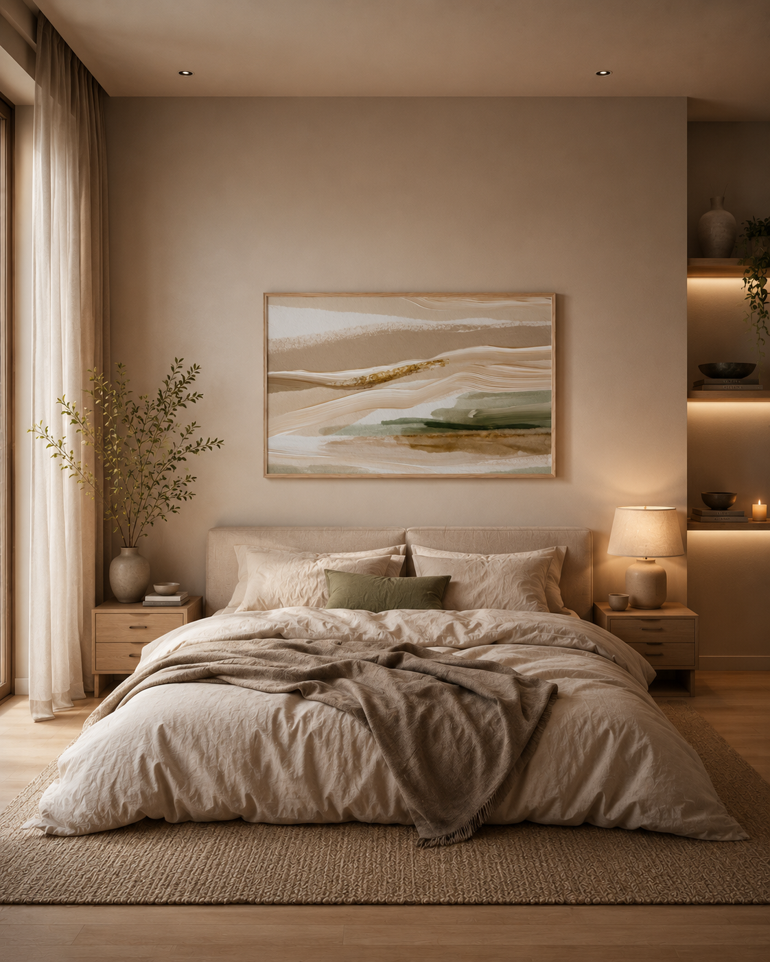 Neutral abstract landscape wall art above a cozy bed in a warm modern bedroom.