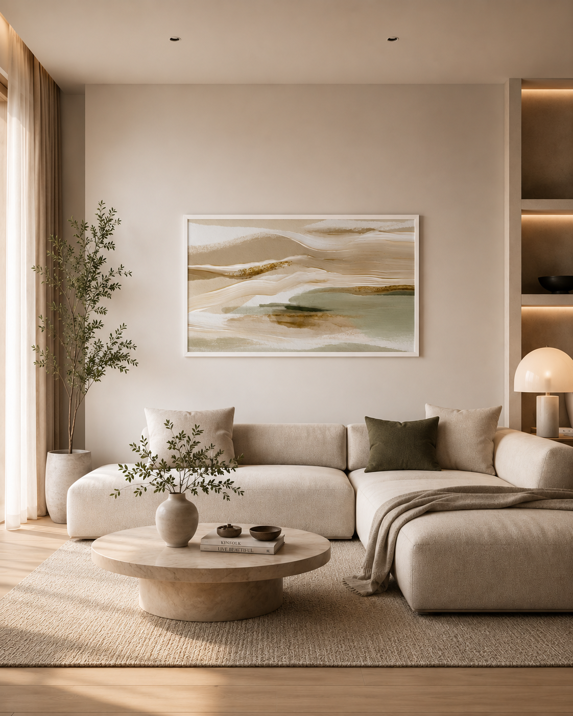 Neutral abstract landscape wall art displayed above a sofa in a warm minimalist living room.