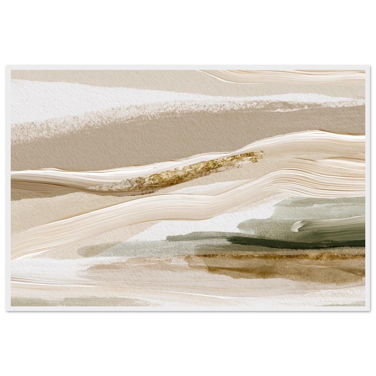 Neutral abstract landscape poster featuring layered beige, cream and sage green brushstrokes.