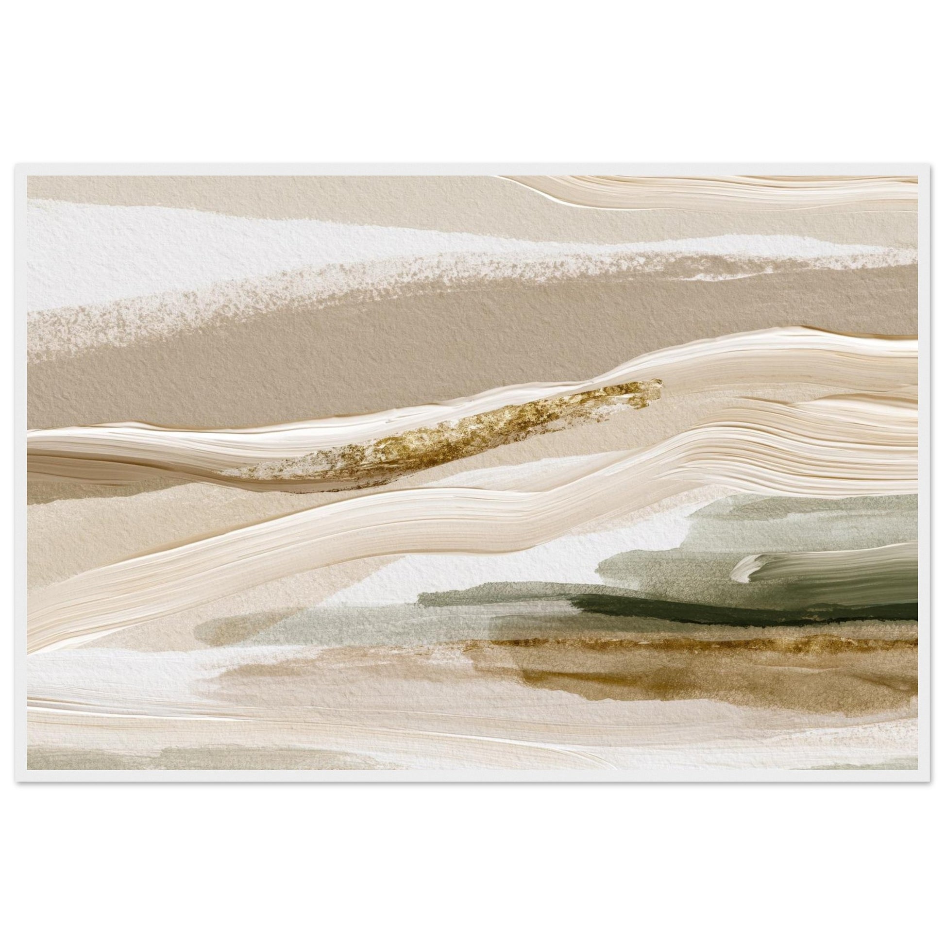 Neutral abstract landscape poster featuring layered beige, cream and sage green brushstrokes.