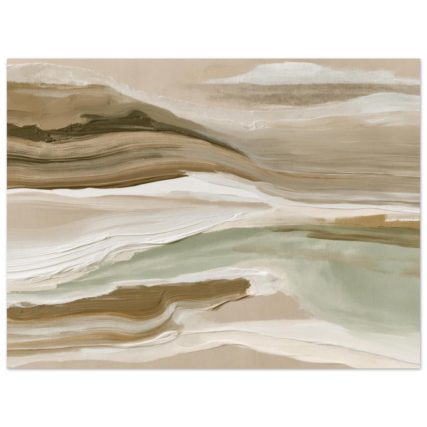 Close-up of neutral abstract landscape wall art featuring layered earth tones and organic brushstrokes.
