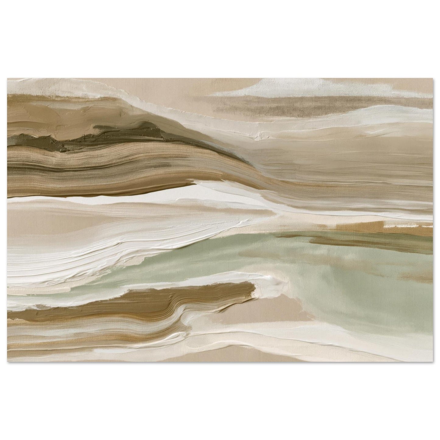 Neutral abstract landscape wall art in soft beige, taupe, white, and sage green tones with flowing organic textures.
