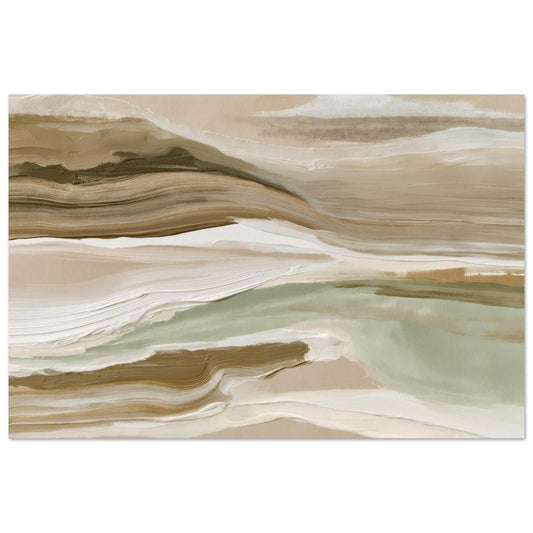 Neutral abstract landscape wall art in soft beige, taupe, white, and sage green tones with flowing organic textures.