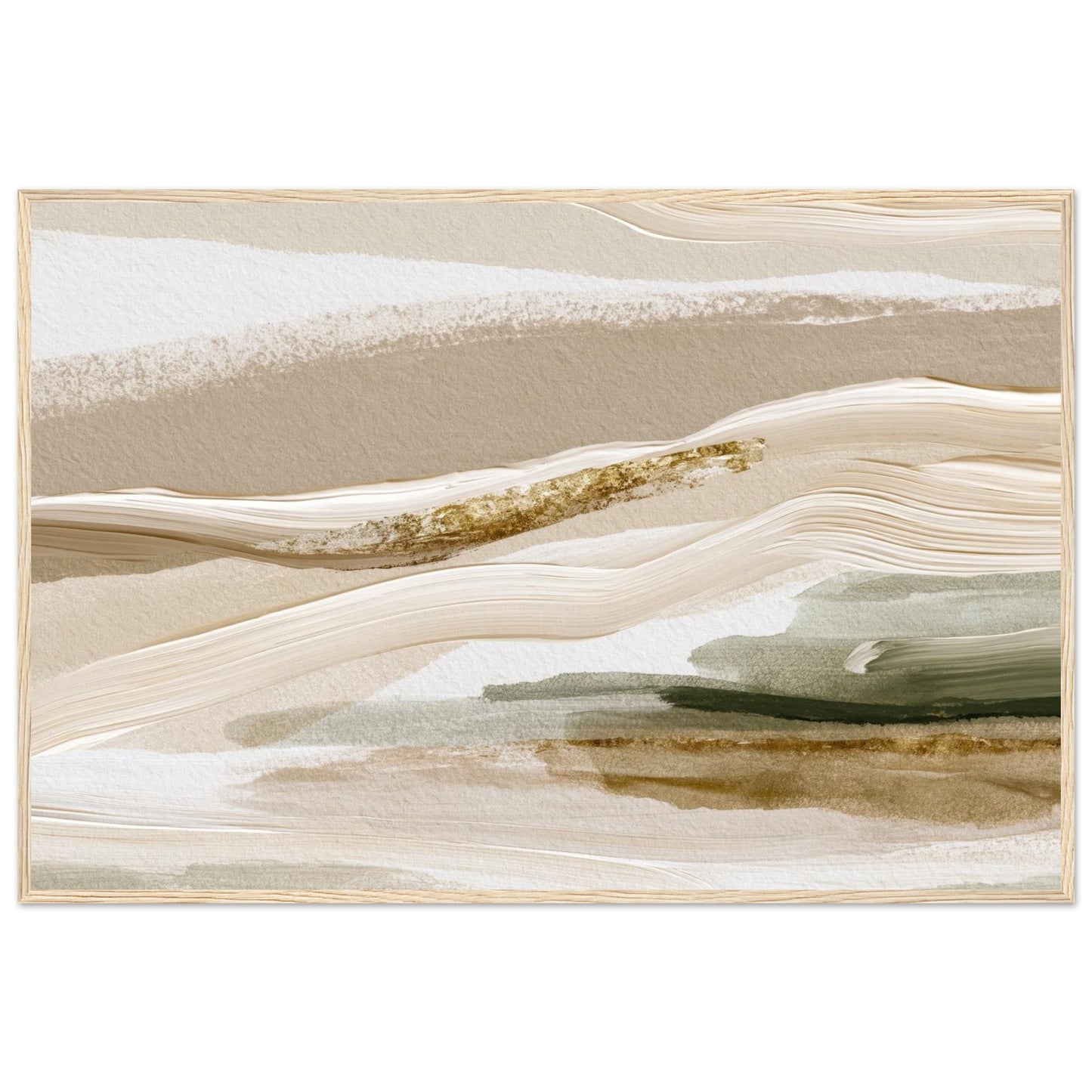 Neutral abstract landscape wall art in a light wood frame with soft beige, cream and sage green tones.