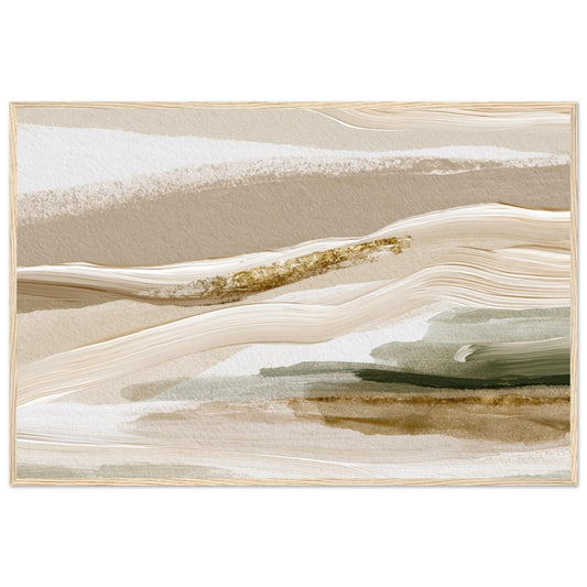 Neutral abstract landscape wall art in a light wood frame with soft beige, cream and sage green tones.
