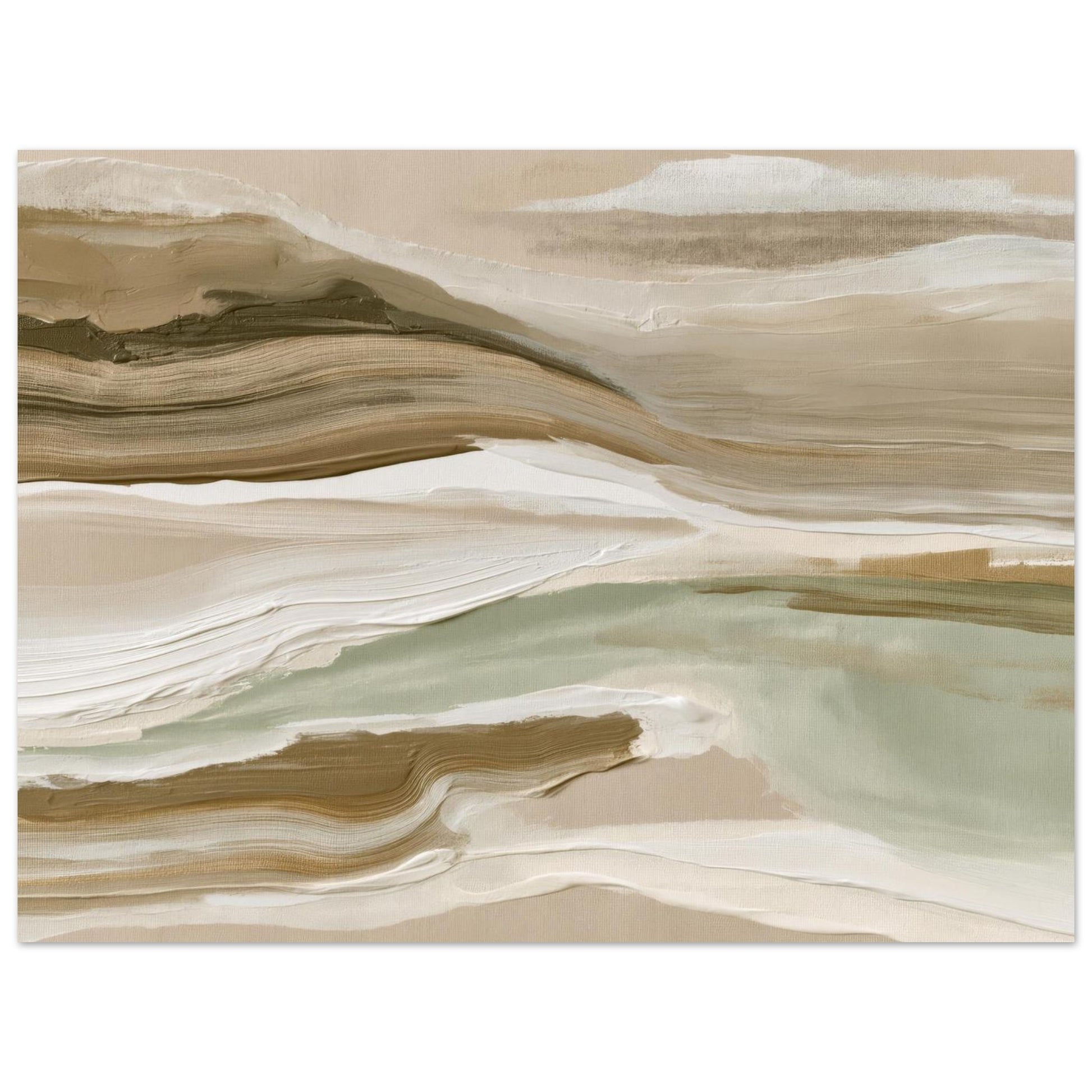 Detailed view of neutral abstract wall art with soft sage green, beige, and taupe flowing textures.