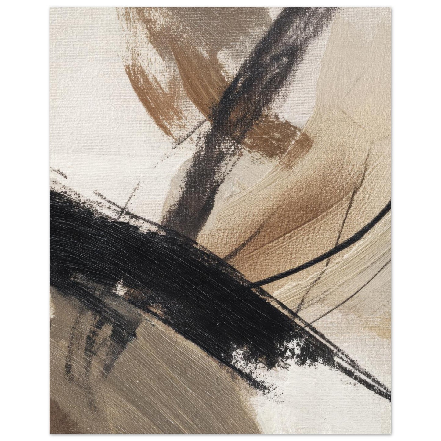 Close-up of a neutral abstract poster showing detailed textured brushstrokes and earthy tones.