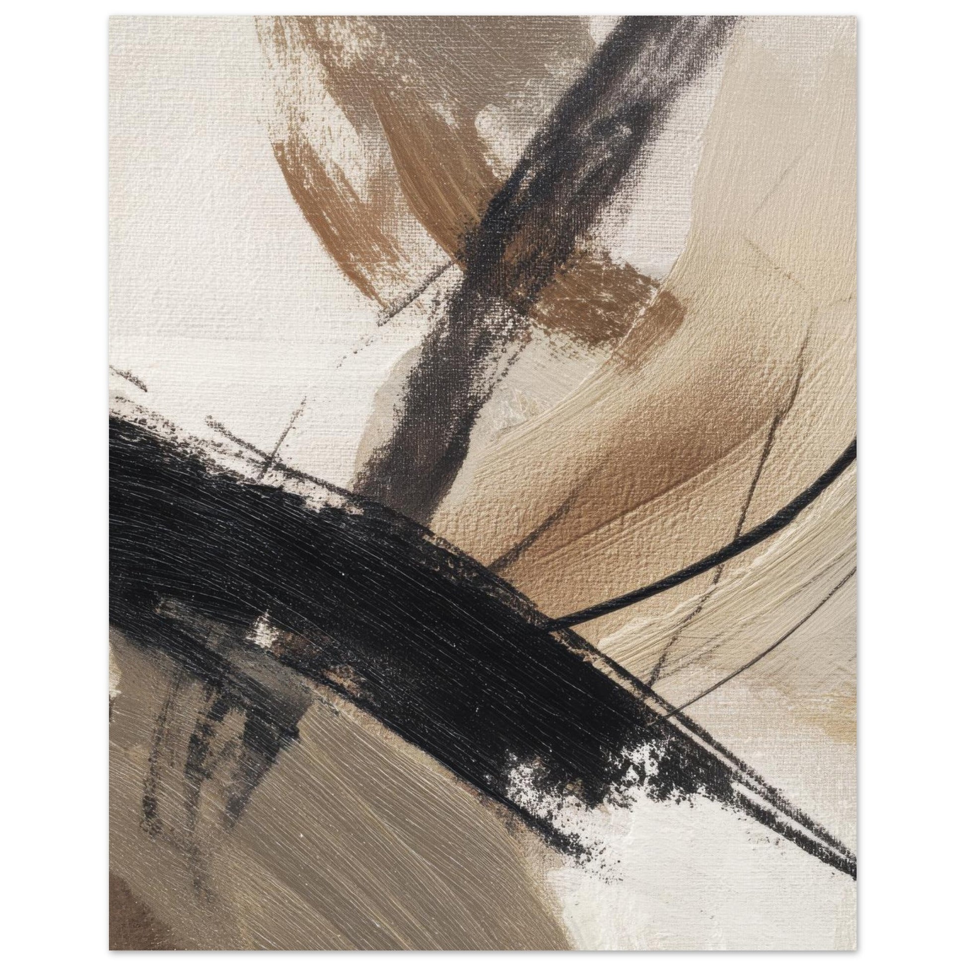 Close-up of a neutral abstract poster showing detailed textured brushstrokes and earthy tones.