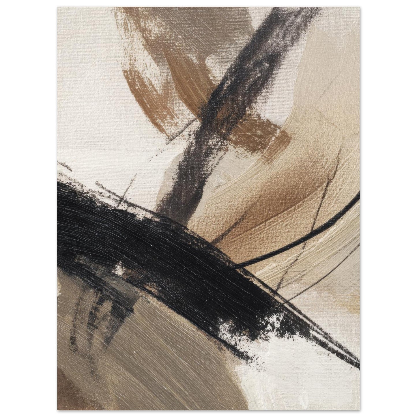 Detailed view of a minimalist abstract poster with beige, taupe and black painted textures.