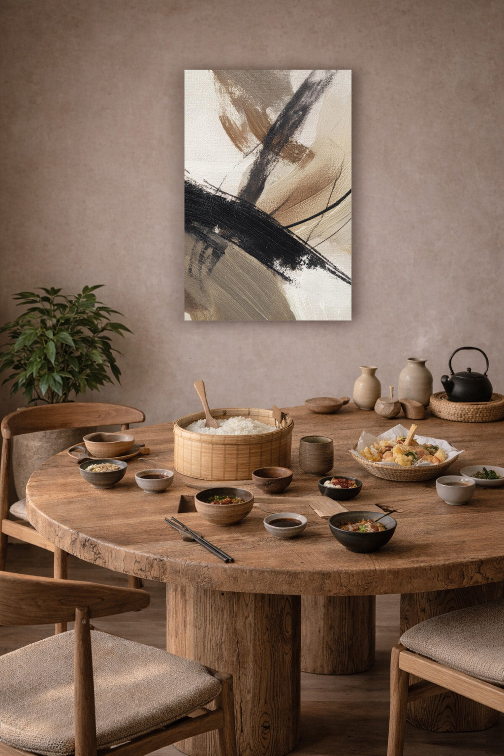 Neutral abstract poster hanging in a bright Scandinavian dining room with natural wood furniture.