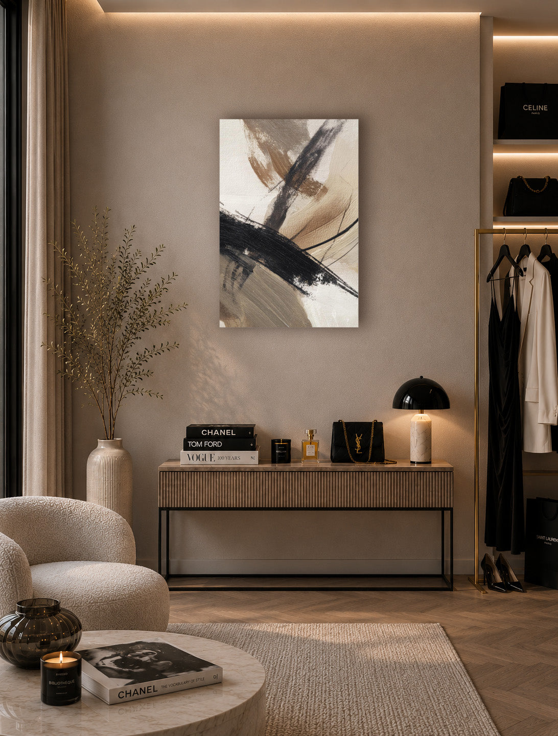 Neutral abstract poster displayed in a modern minimalist entryway with warm Scandinavian decor.