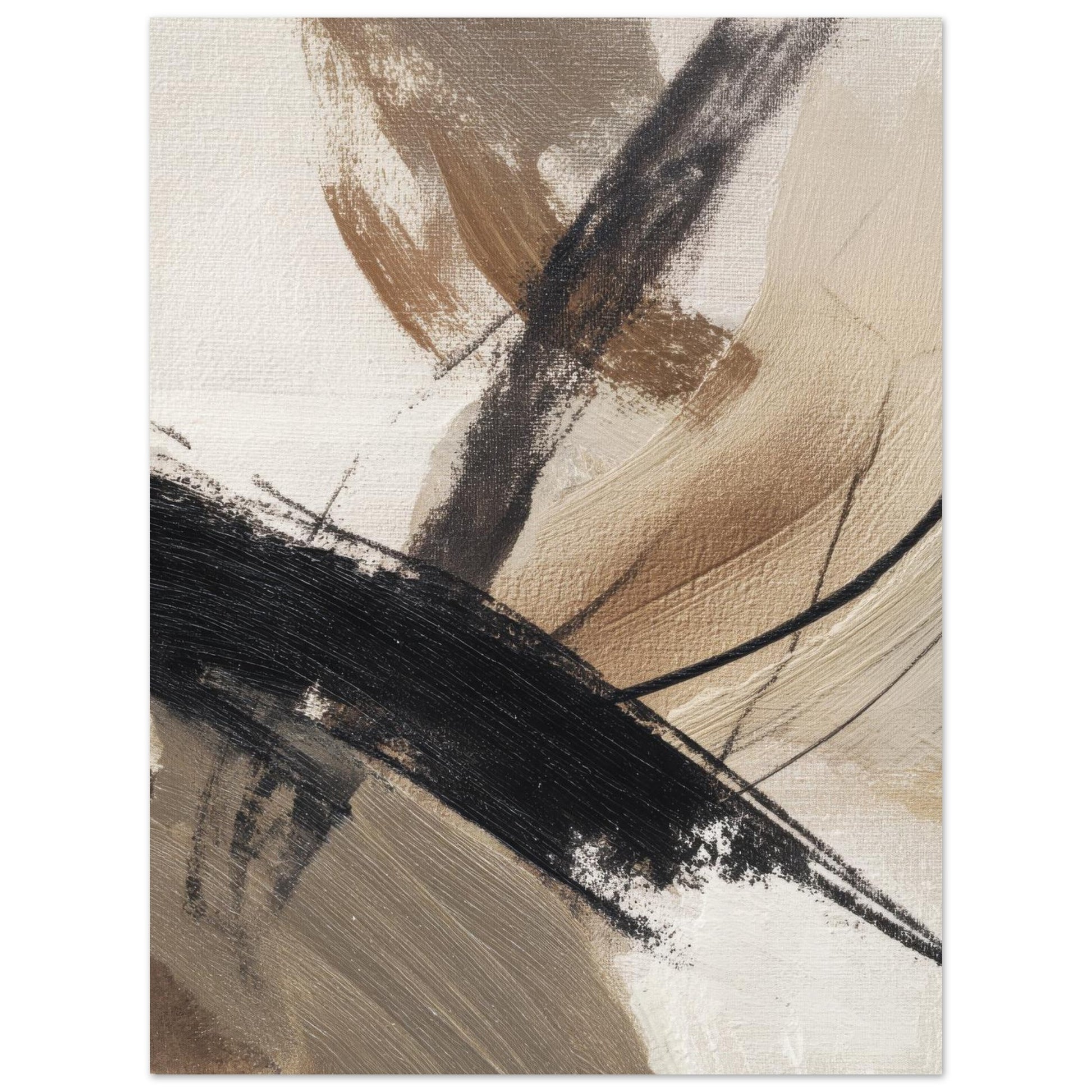 Front view of a neutral abstract poster with warm beige and black brushstroke design.