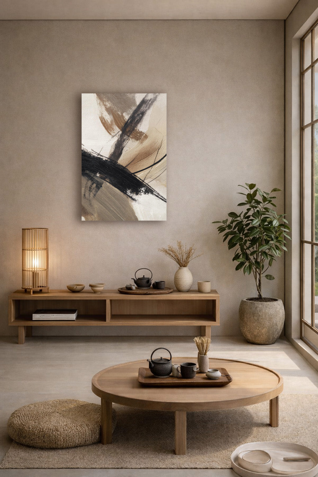 Neutral abstract poster displayed in a bright minimalist living room with warm natural decor.