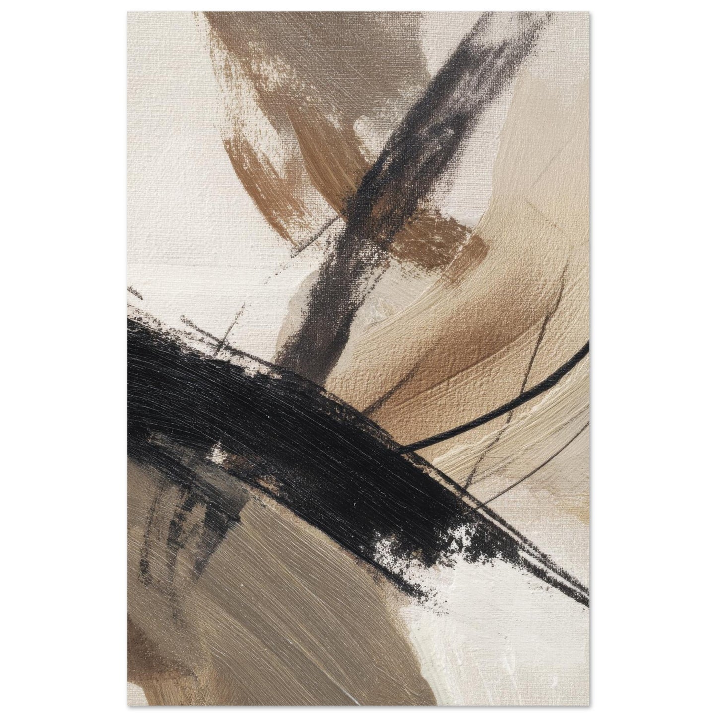 Neutral abstract poster featuring textured beige, taupe and black brushstrokes in a modern minimalist style.