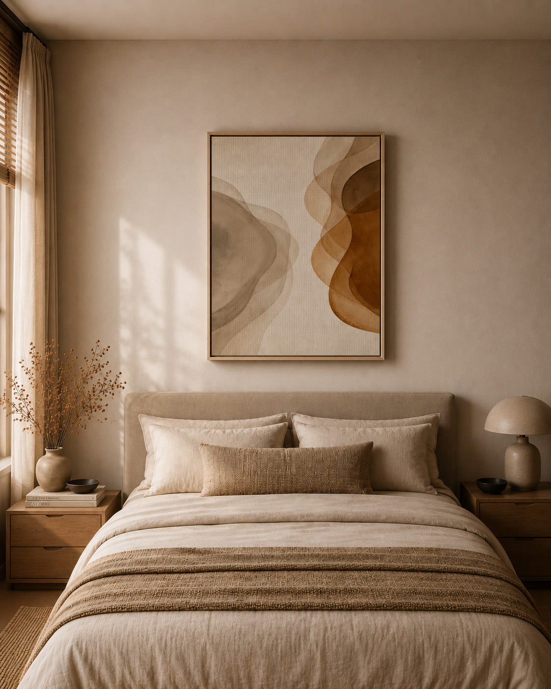 Neutral abstract wall art above bed in a minimalist beige bedroom
