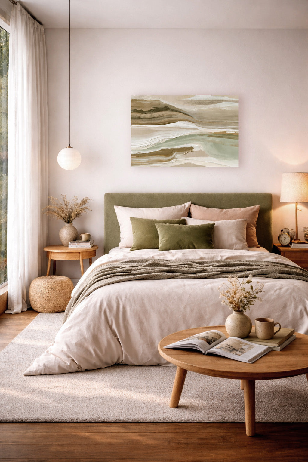 Neutral abstract landscape wall art above a cozy modern bed in a warm minimalist bedroom.