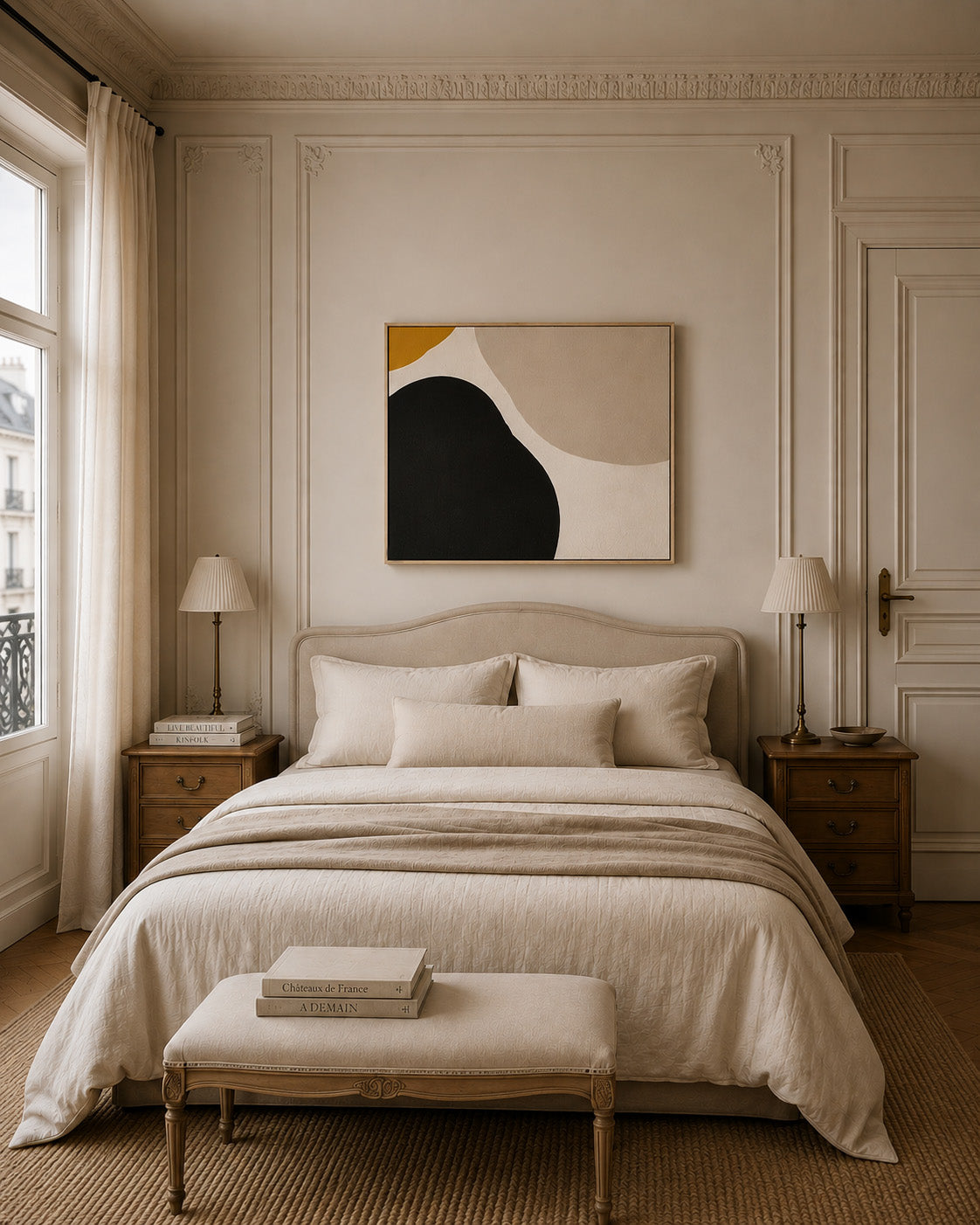 Neutral abstract framed canvas wall art above a bed in an elegant neutral bedroom