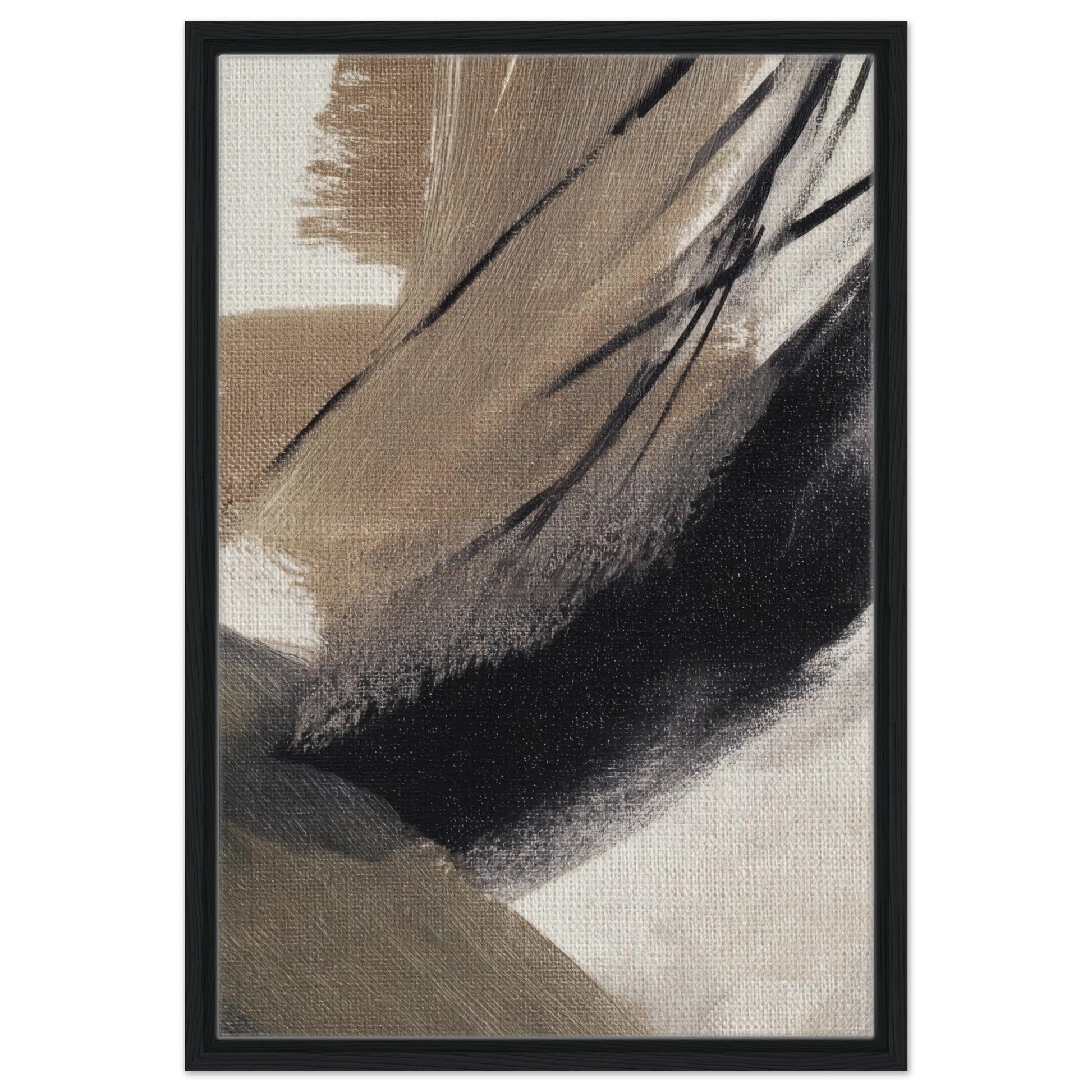 Neutral beige and black abstract wall art in a black frame