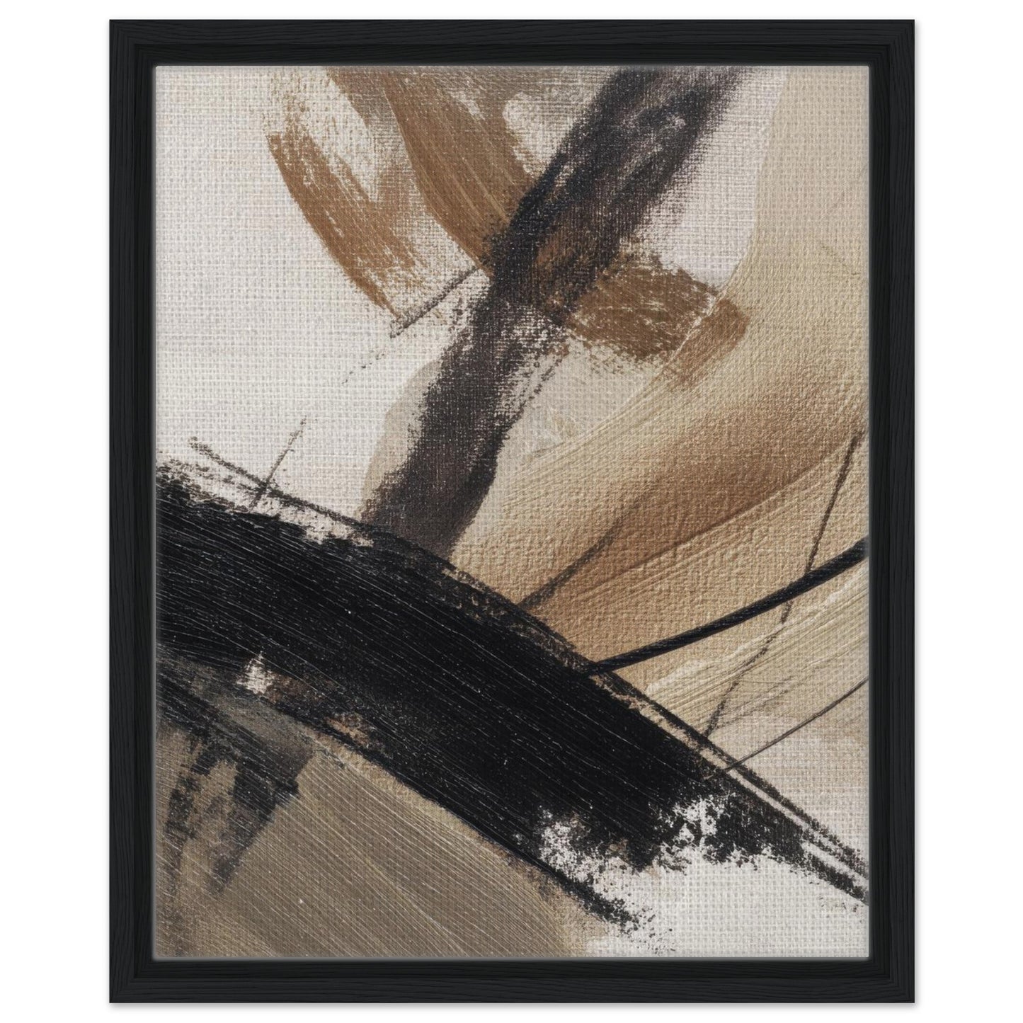 Neutral black and brown abstract wall art in a black frame