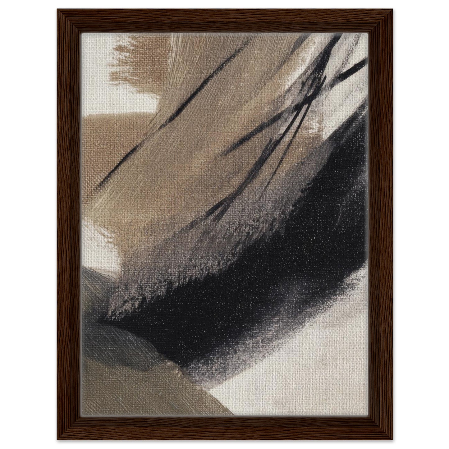 Neutral beige and black abstract wall art in a dark brown wood frame