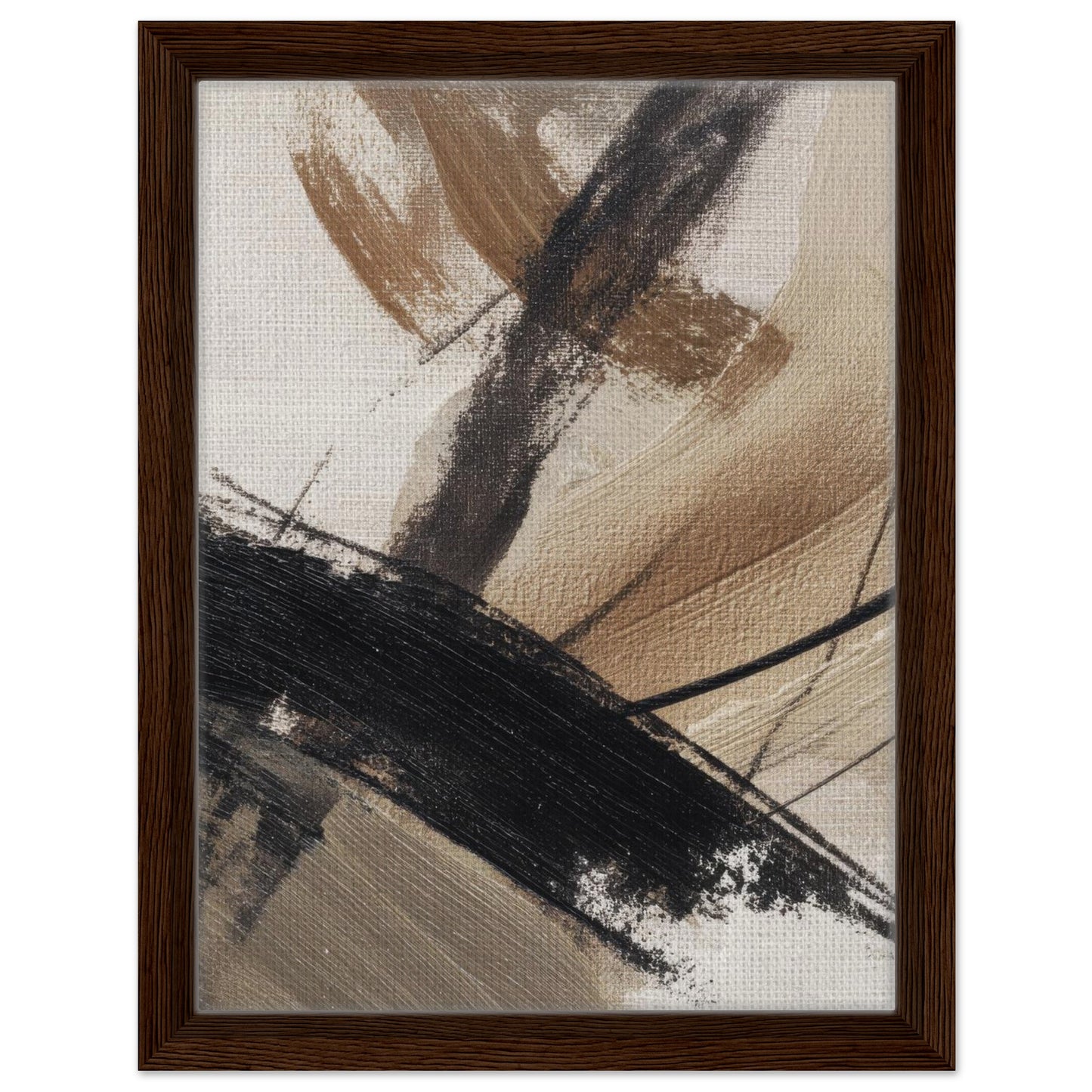 Neutral abstract wall art with black and brown brushstrokes in dark brown frame