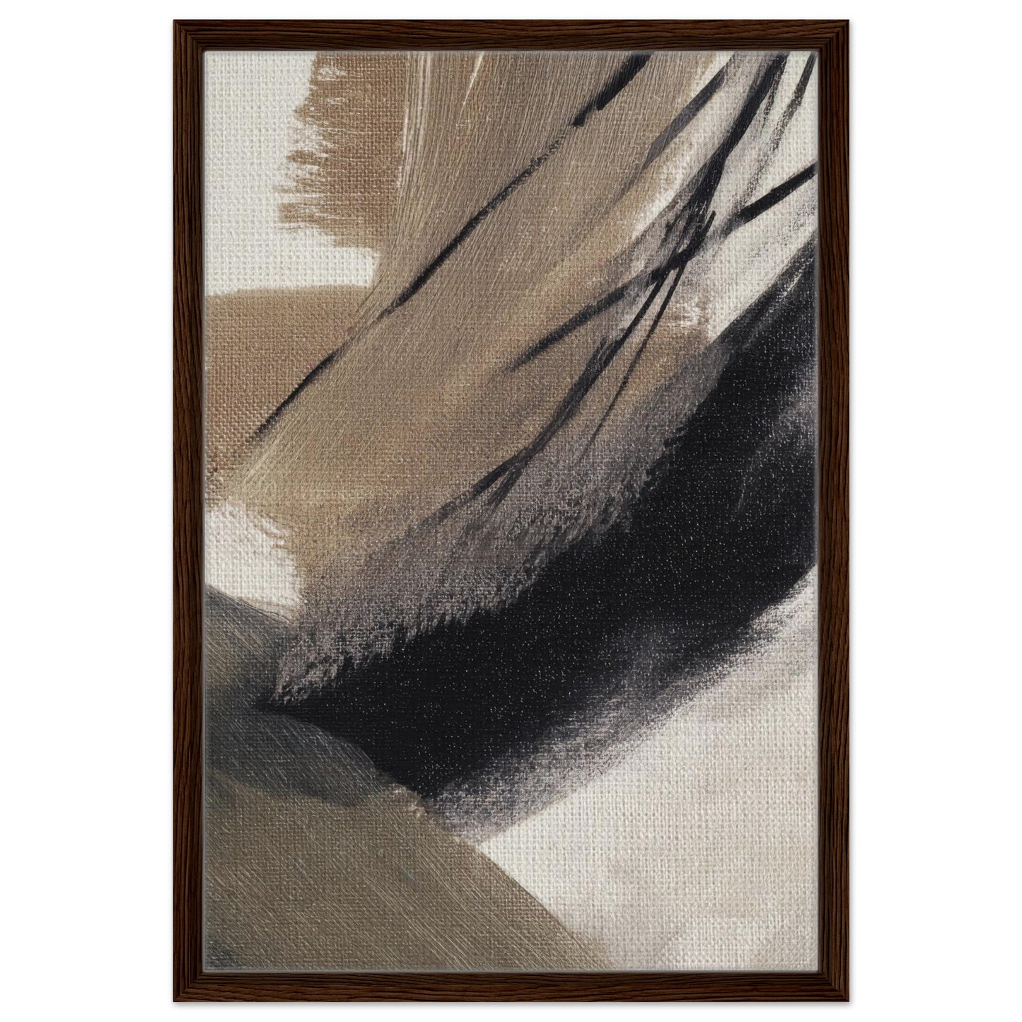 Neutral abstract wall art with bold black brushstrokes in a dark walnut frame