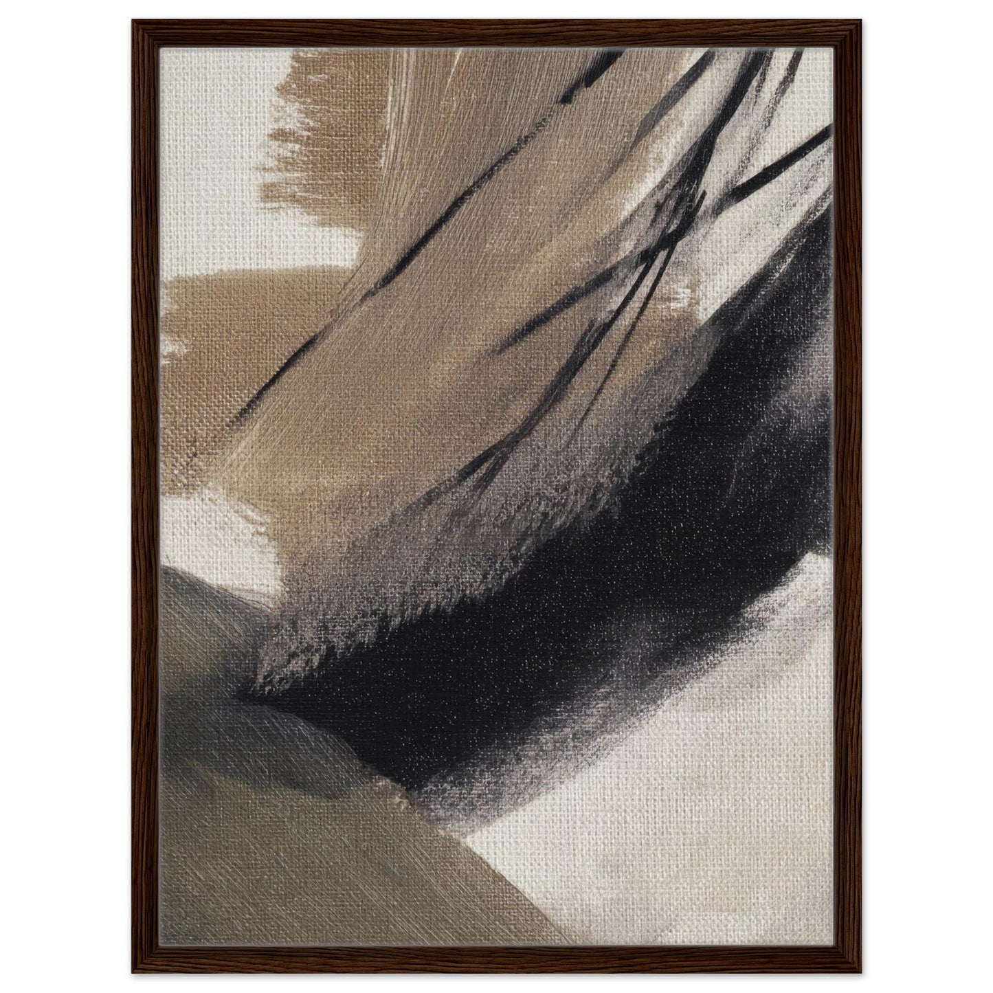 Neutral beige and black abstract wall art in a dark wood frame