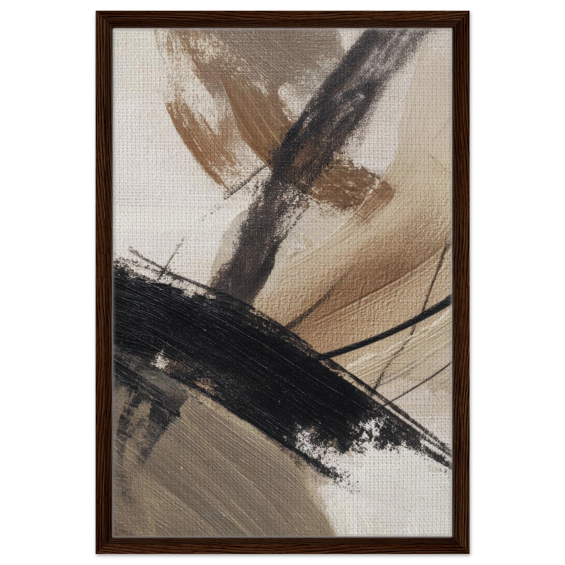 Neutral abstract wall art in dark wood frame with black and brown brushstrokes