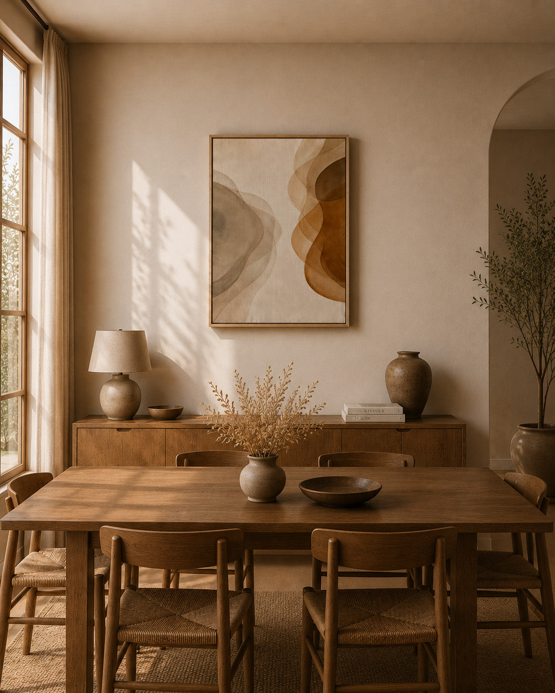 Neutral abstract wall art in a warm minimalist dining room