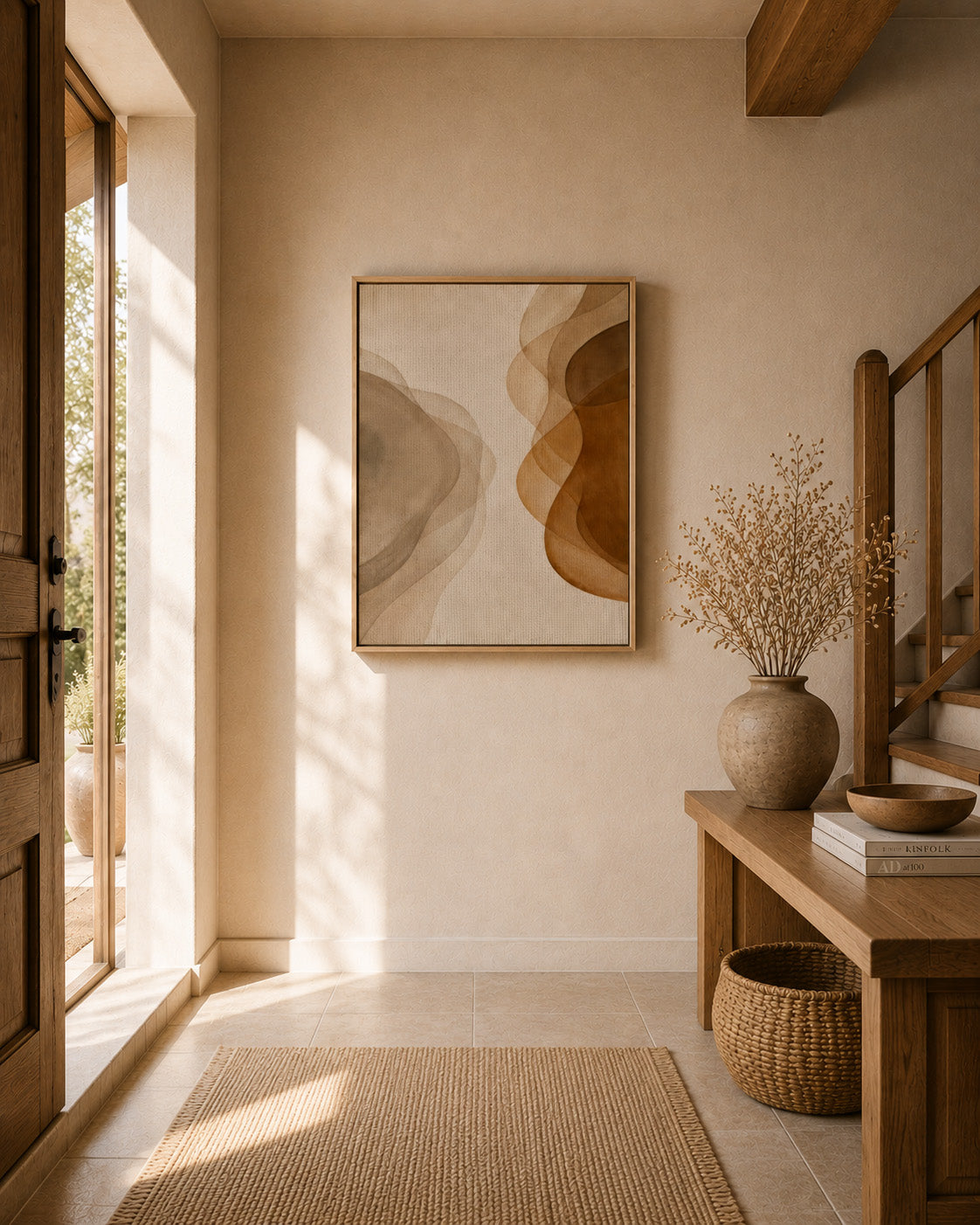 Neutral abstract wall art displayed in a warm minimalist hallway