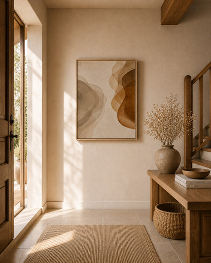 Neutral abstract wall art displayed in a warm minimalist hallway