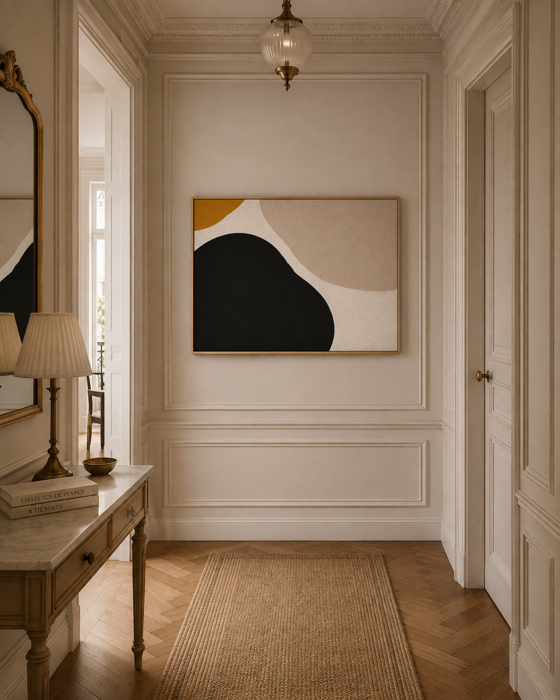 Neutral abstract framed canvas wall art in a classic French style hallway
