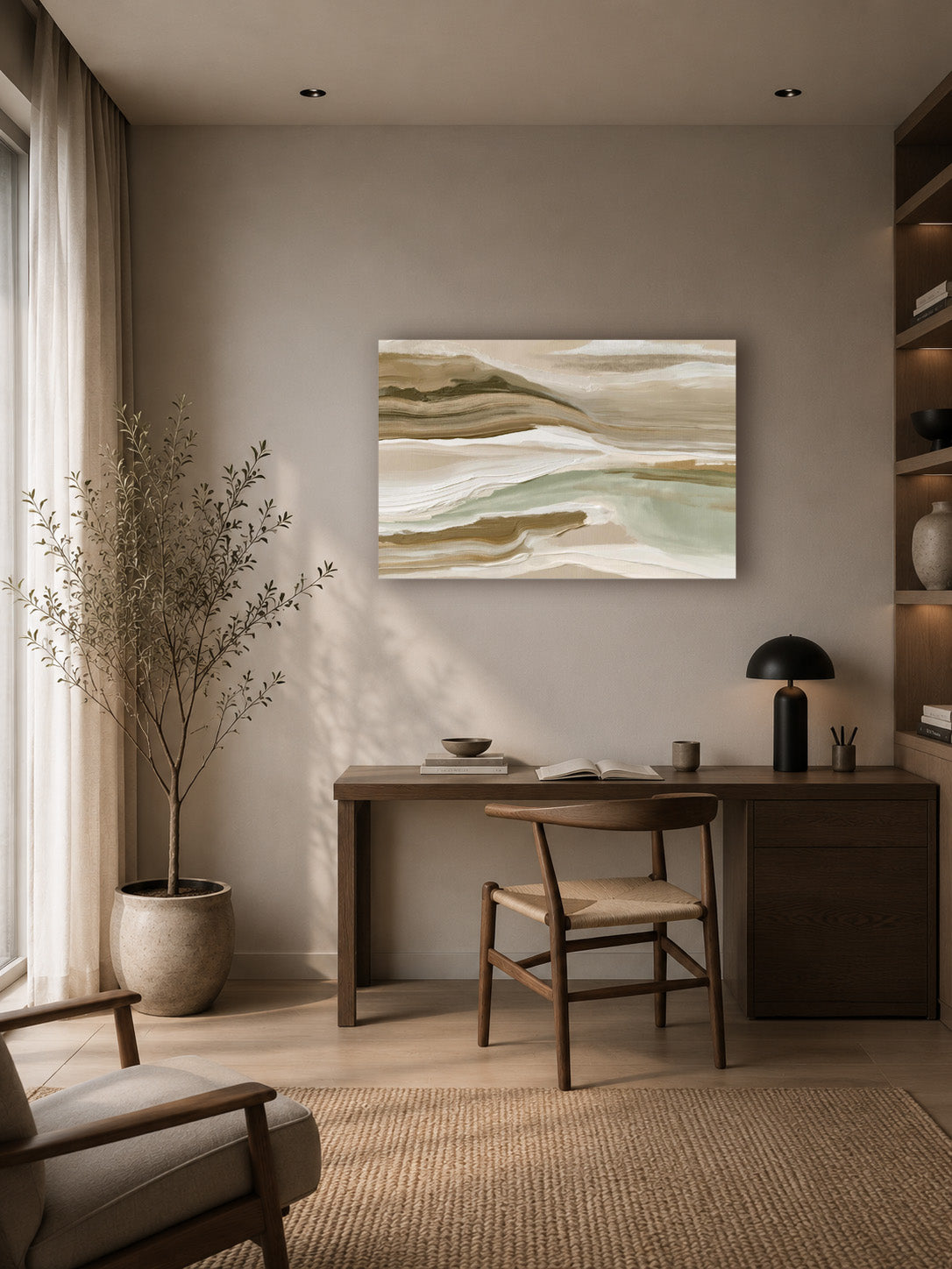 Neutral abstract landscape wall art displayed above a wooden desk in a modern minimalist home office.