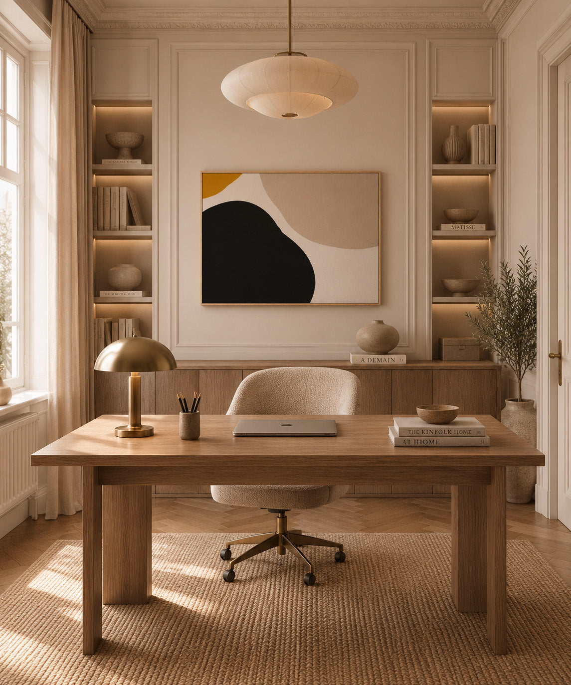 Neutral abstract framed canvas wall art in a warm minimalist home office