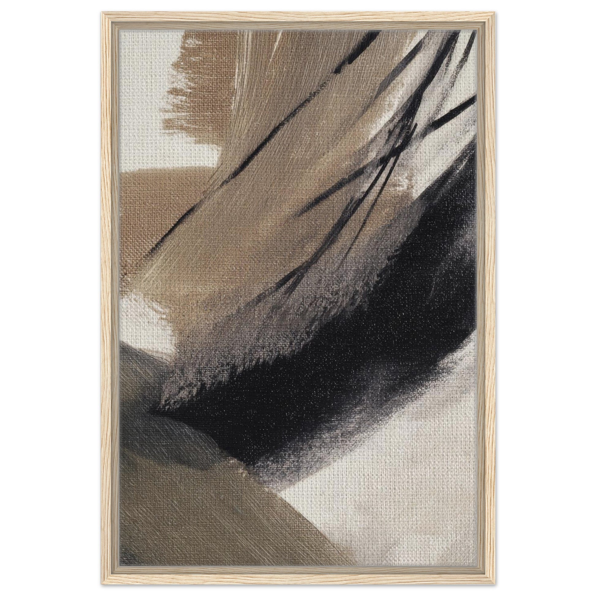 Neutral abstract wall art with black and taupe brushstrokes in a light wood frame