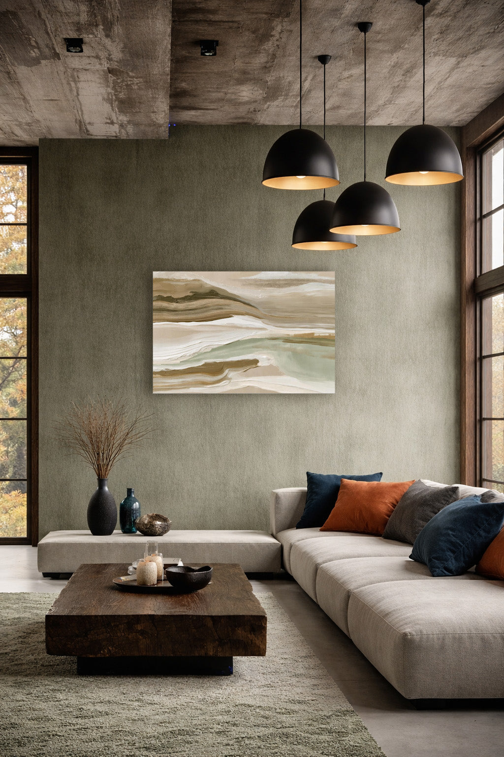 Neutral abstract landscape wall art displayed above a modern beige sofa in a contemporary living room.