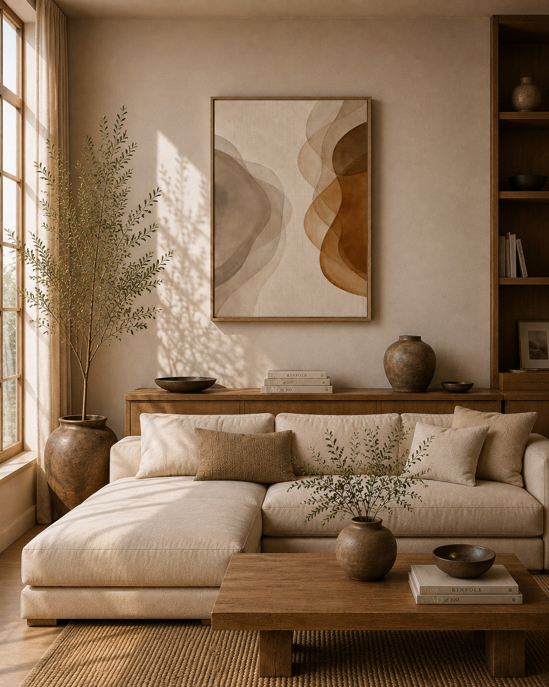 Neutral abstract wall art in a warm minimalist living room