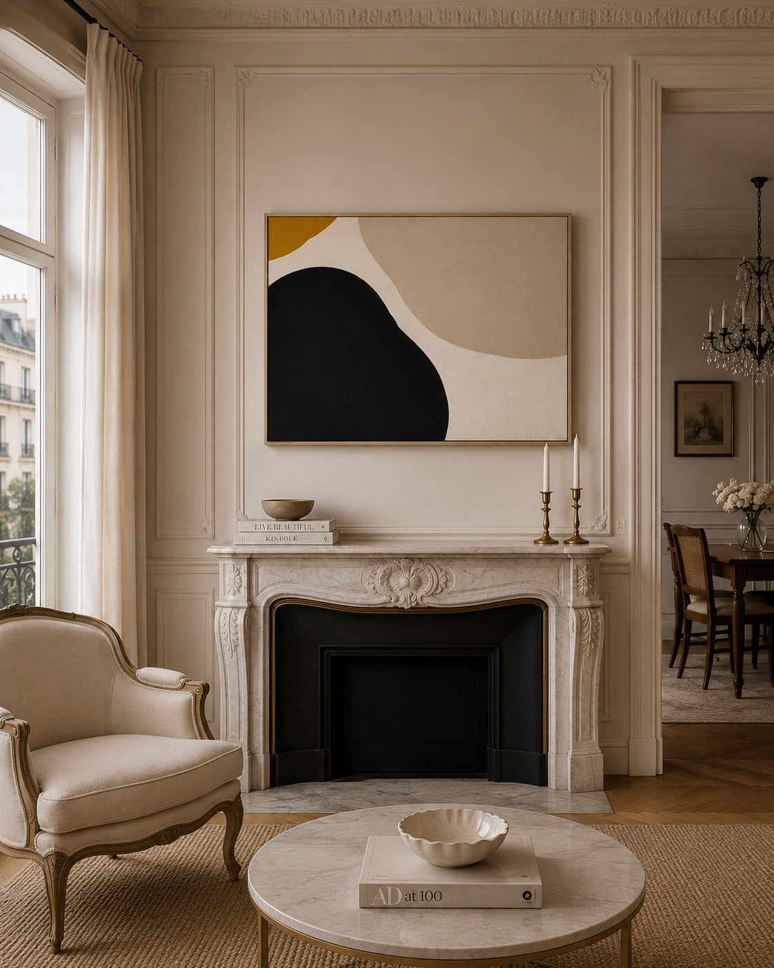 Neutral abstract framed canvas wall art in an elegant French style living room