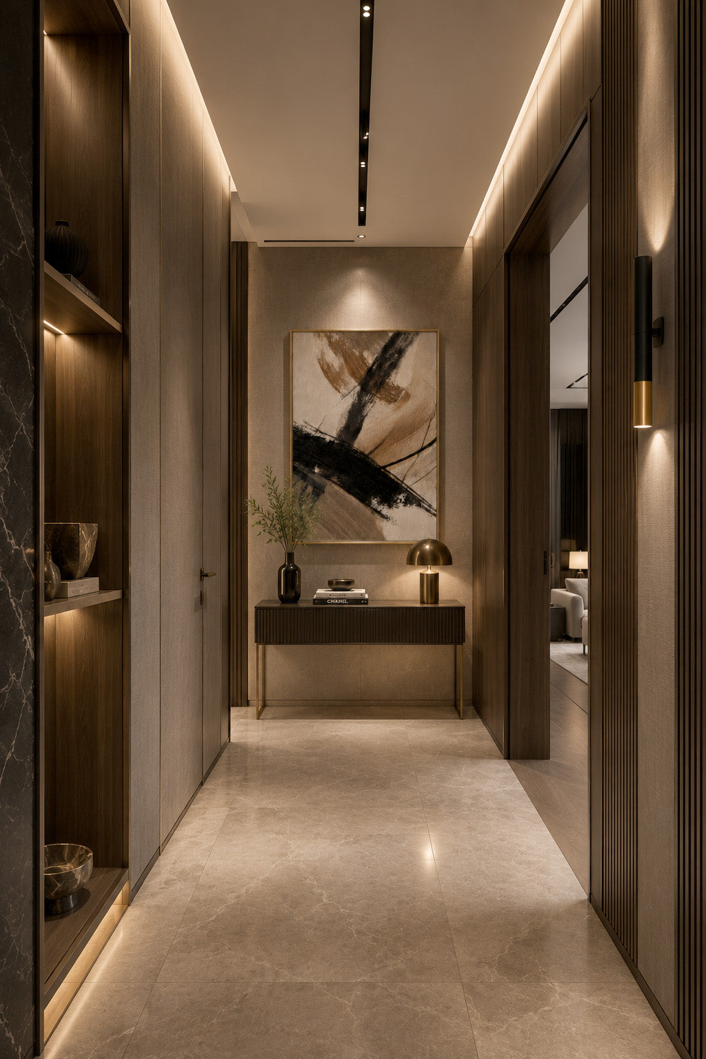 Neutral abstract framed wall art displayed in a luxury modern hallway