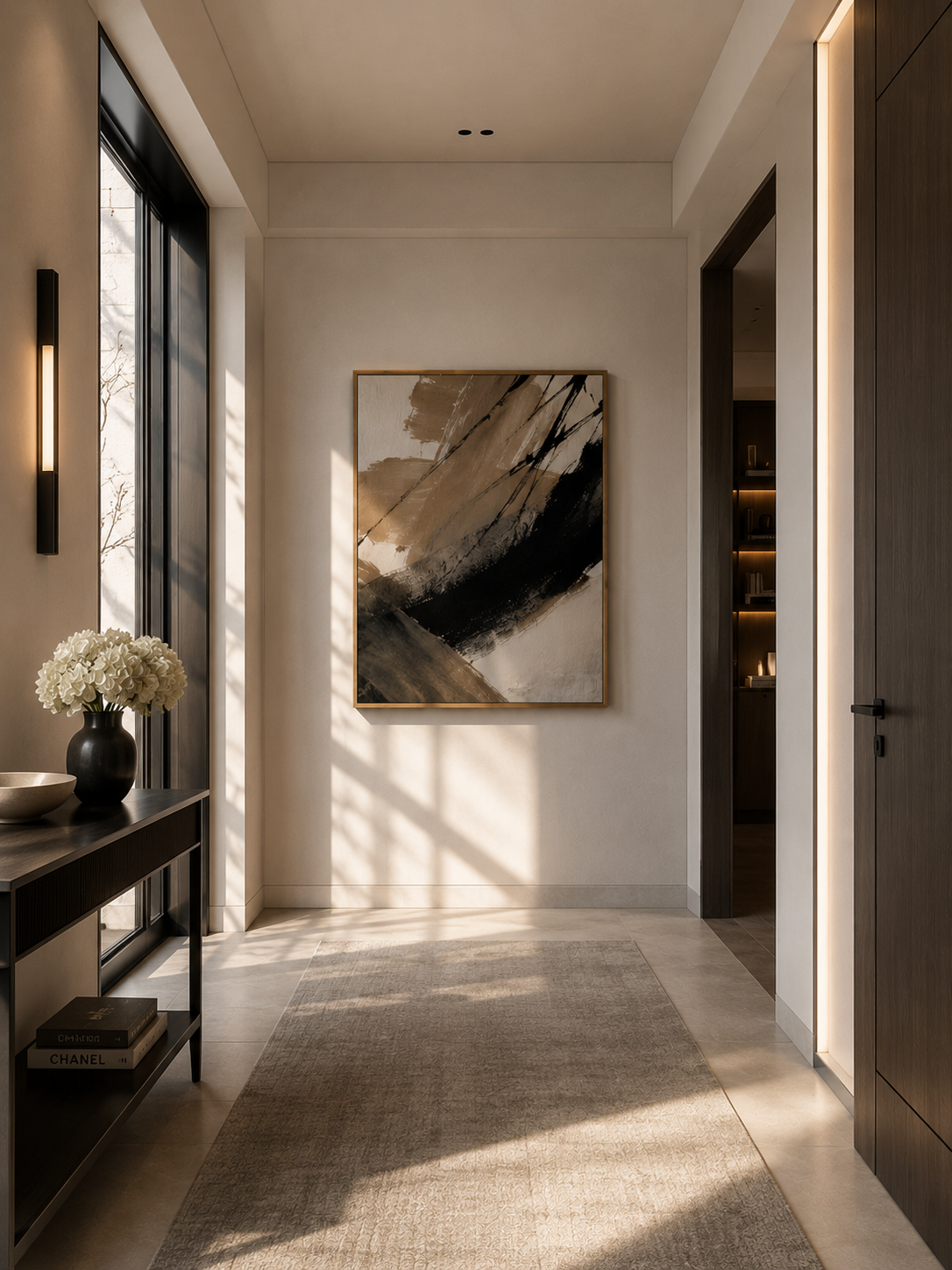 Neutral abstract framed canvas wall art displayed in a modern minimalist hallway