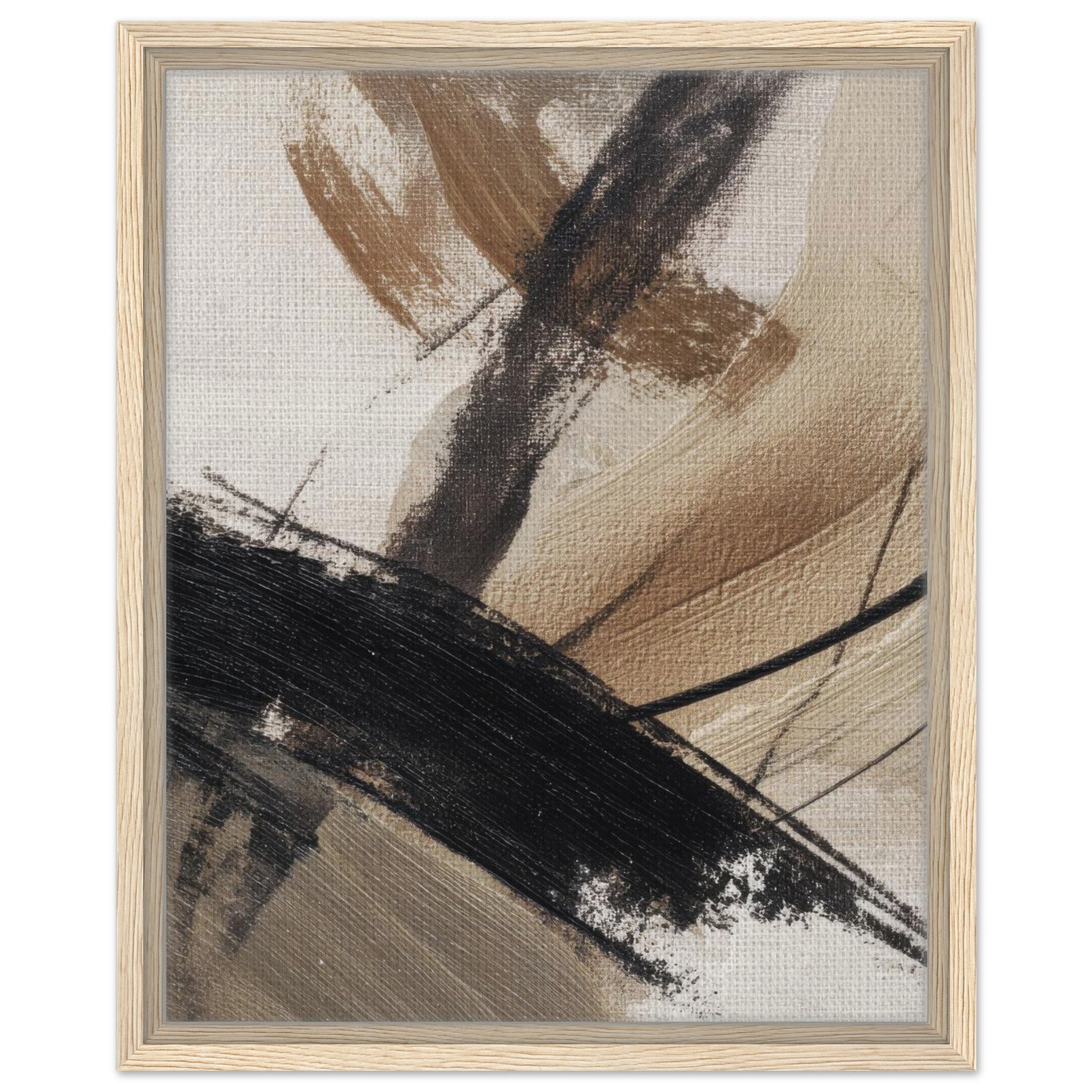 Neutral abstract wall art in natural wood frame with black, beige and brown tones