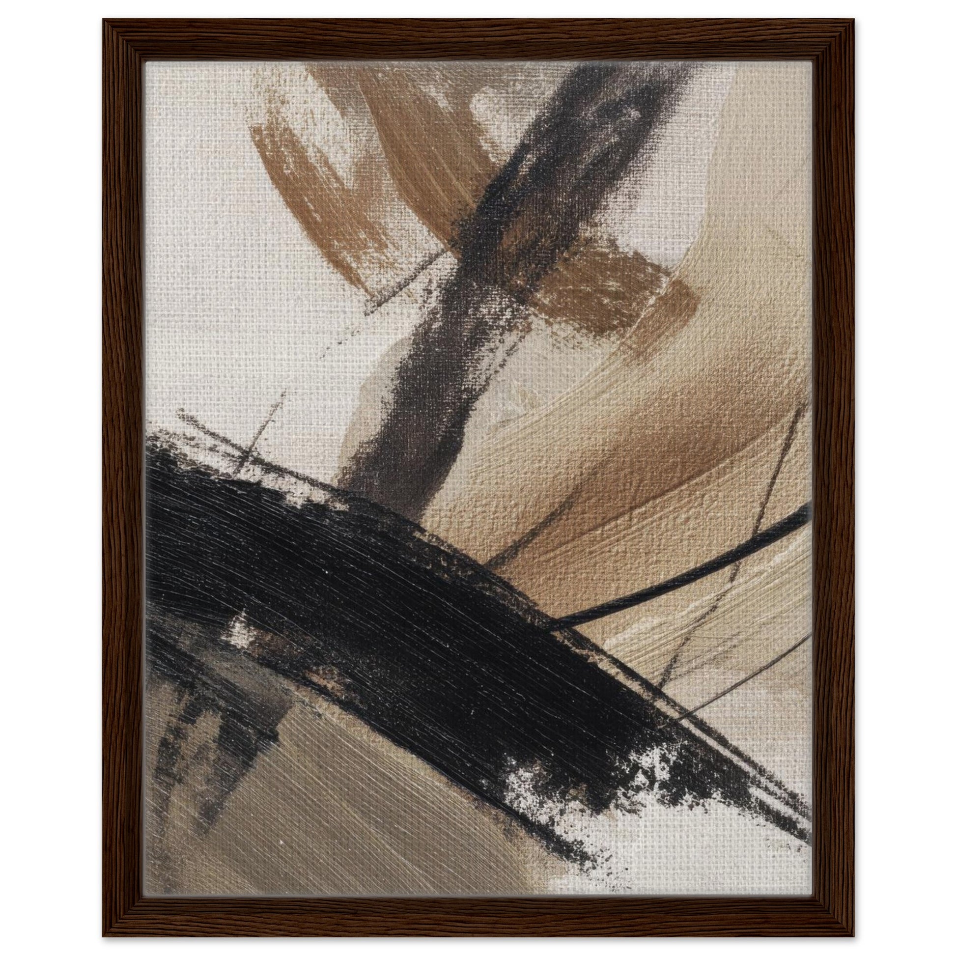 Neutral abstract wall art in walnut wood frame with black and earthy brown tones