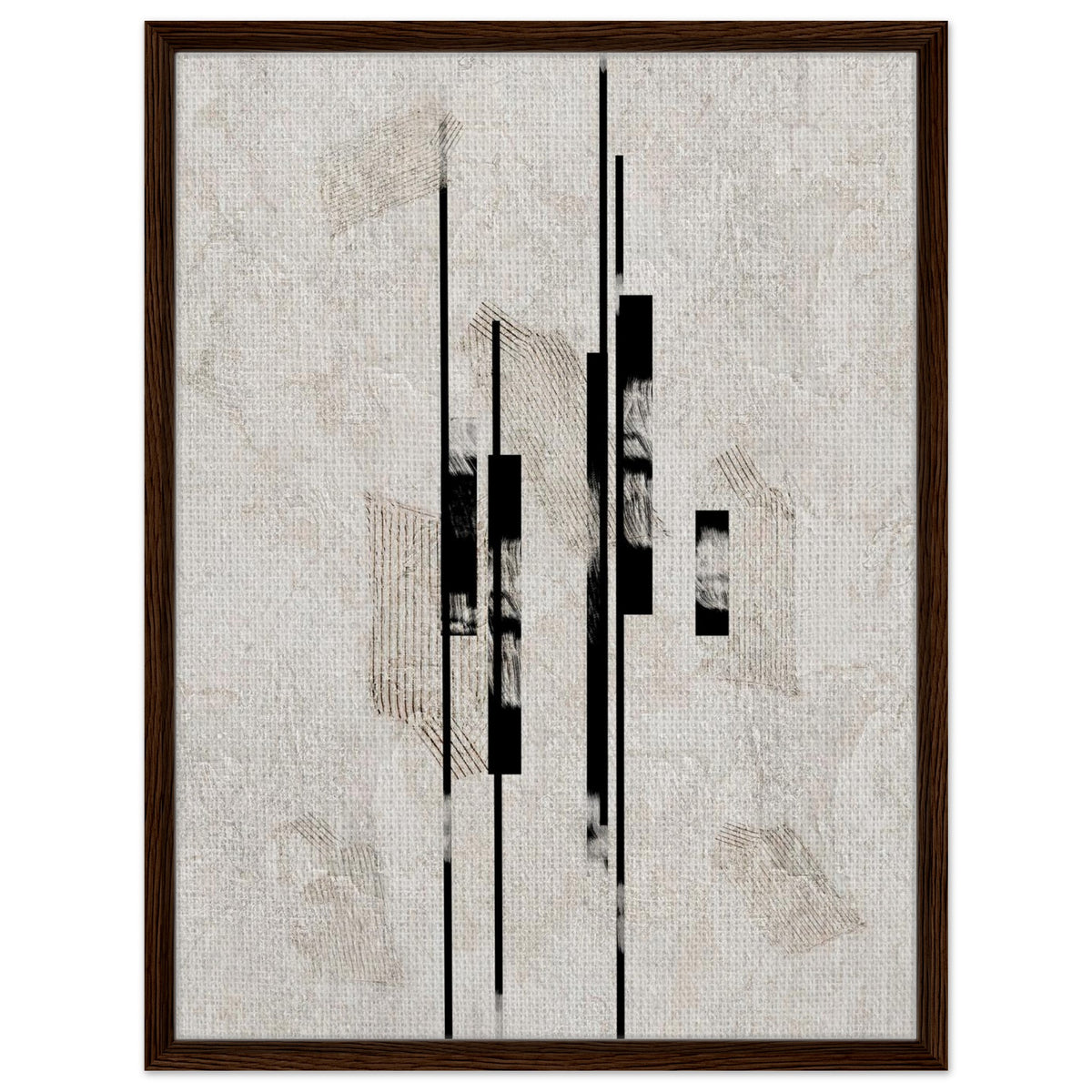 Neutral architectural artwork with contrasting black forms in a dark wood frame