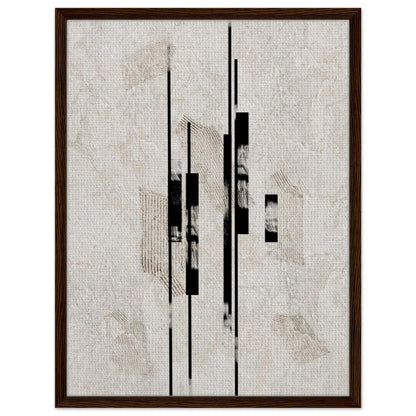 Neutral architectural artwork with contrasting black forms in a dark wood frame