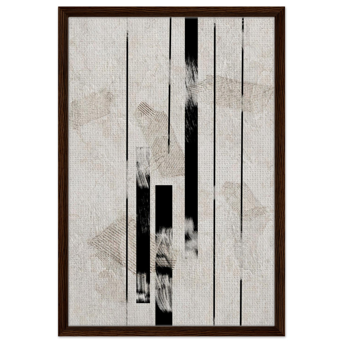 Neutral architectural print with vertical black lines and textured beige forms